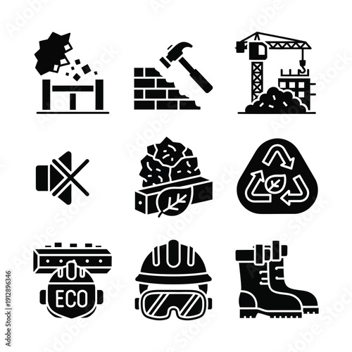 Construction & Eco-Friendly Industry Icons: Black Glyphs for Building, Safety, Demolition, Recycling, Sustainability & Green Practices