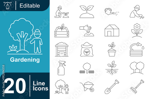 Gardening Equipment and Activities Icons Set Vector Illustration of Tools, Plants, and People Engaged in Garden Care