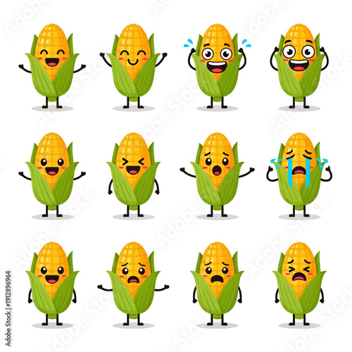 Cute Kawaii Corn Character Emoji Set. Funny Yellow Maize Mascot with Various Emotions and Expressions like Happy, Sad Crying, and Playing Guitar. Vector Sticker Pack for Kids and Food Design.