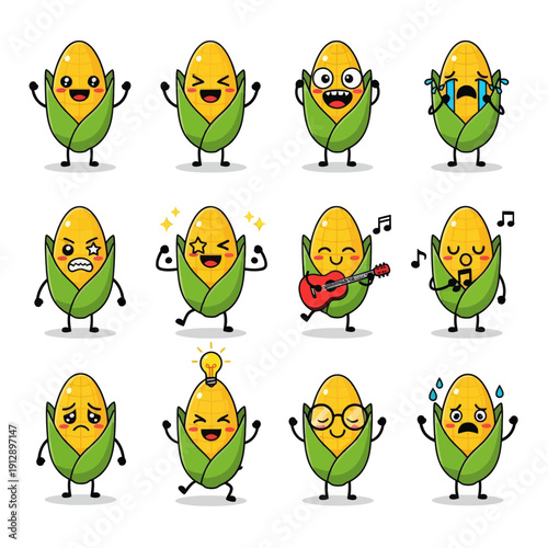 Cute Kawaii Corn Character Emoji Set. Funny Yellow Maize Mascot with Various Emotions and Expressions like Happy, Sad Crying, and Playing Guitar. Vector Sticker Pack for Kids and Food Design.