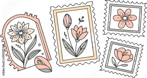 Flower Postage Stamp Postcard Set. Flowers in vases postal stamps. Cute Floral Spring Blossom Postal Frame. Hand Drawn Vector Illustration 