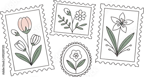 Flower Postage Stamp Postcard Set. Flowers in vases postal stamps. Cute Floral Spring Blossom Postal Frame. Hand Drawn Vector Illustration 