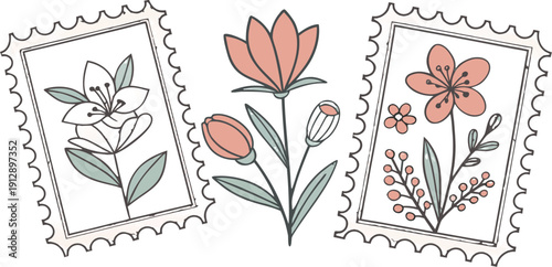 Flower Postage Stamp Postcard Set. Flowers in vases postal stamps. Cute Floral Spring Blossom Postal Frame. Hand Drawn Vector Illustration 