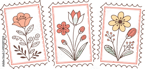 Flower Postage Stamp Postcard Set. Flowers in vases postal stamps. Cute Floral Spring Blossom Postal Frame. Hand Drawn Vector Illustration 