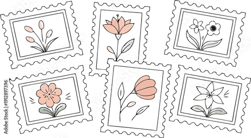 Flower Postage Stamp Postcard Set. Flowers in vases postal stamps. Cute Floral Spring Blossom Postal Frame. Hand Drawn Vector Illustration 