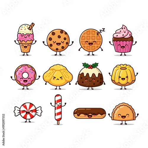 Cute Kawaii Dessert and Sweet Treat Character Emoji Set. Funny Ice Cream, Cookie, Waffle, Cupcake, Donut, and Macaron Mascots with Various Emotions. Vector Sticker Pack for Bakery and Kids Design.