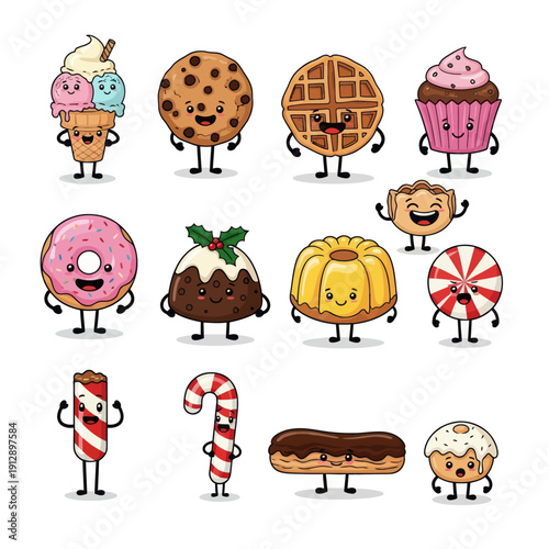 Cute Kawaii Dessert and Sweet Treat Character Emoji Set. Funny Ice Cream, Cookie, Waffle, Cupcake, Donut, and Macaron Mascots with Various Emotions. Vector Sticker Pack for Bakery and Kids Design.