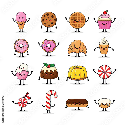 Cute Kawaii Dessert and Sweet Treat Character Emoji Set. Funny Ice Cream, Cookie, Waffle, Cupcake, Donut, and Macaron Mascots with Various Emotions. Vector Sticker Pack for Bakery and Kids Design.