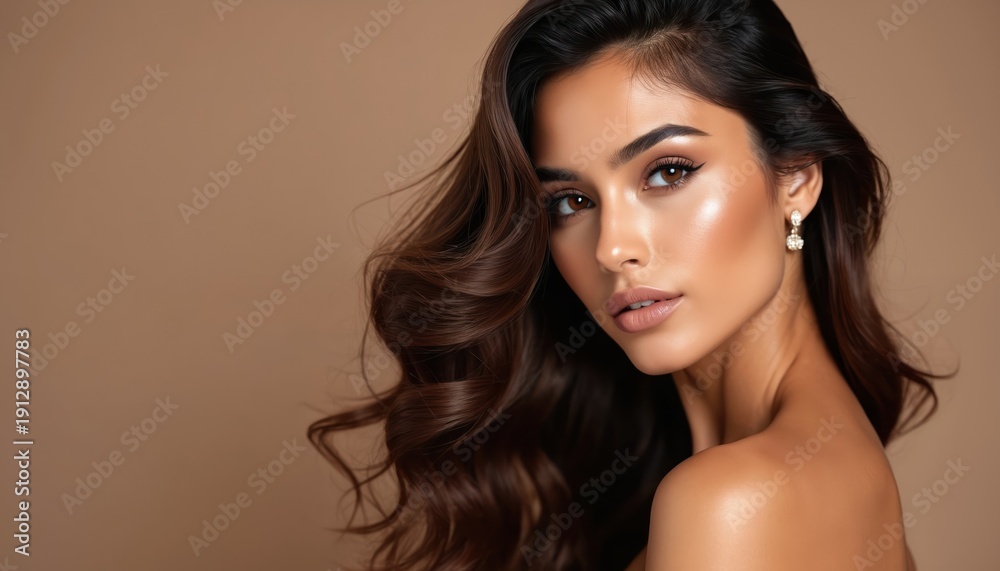 Fototapeta premium Beautiful Latina woman with long wavy hair and natural makeup poses for cosmetic product ad. She has glowing skin and elegant jewelry, ready for skincare campaign.