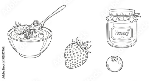 Hand-drawn sketch of healthy breakfast: oatmeal with berries and spoon, strawberry, blueberry, and honey jar.