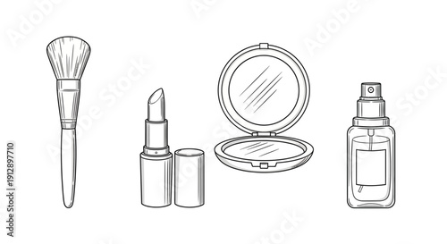 Hand-drawn sketch of makeup essentials: brush, lipstick, powder compact, and spray bottle on white background.