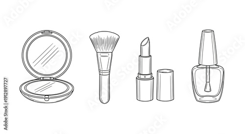 Hand-drawn sketch of makeup essentials: compact mirror, powder brush, lipstick, and nail polish bottle.