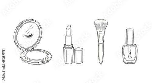 Hand-drawn sketch of makeup essentials: compact mirror with lashes, lipstick, brush, and nail polish.