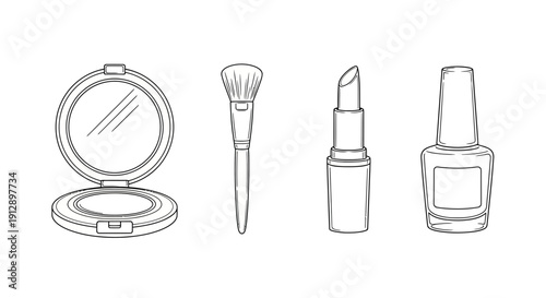 Hand-drawn sketch of makeup essentials: compact mirror, makeup brush, lipstick, and nail polish bottle.
