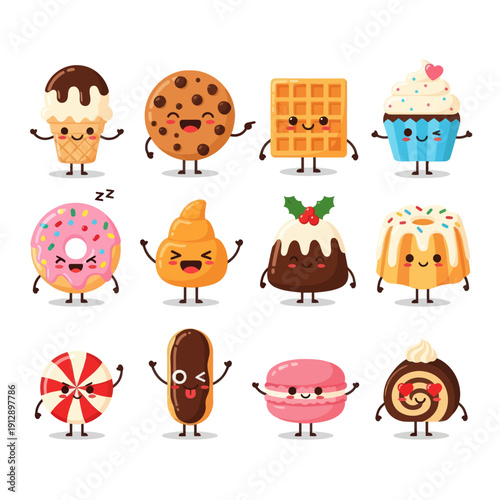 Cute Kawaii Dessert and Sweet Treat Character Emoji Set. Funny Ice Cream, Cookie, Waffle, Cupcake, Donut, and Macaron Mascots with Various Emotions. Vector Sticker Pack for Bakery and Kids Design.