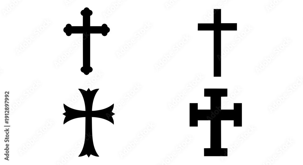 Fototapeta premium Christian Cross Symbol Set Featuring Solid Black Traditional Religious Heraldic Crucifix And Sacred Spiritual Faith Icons