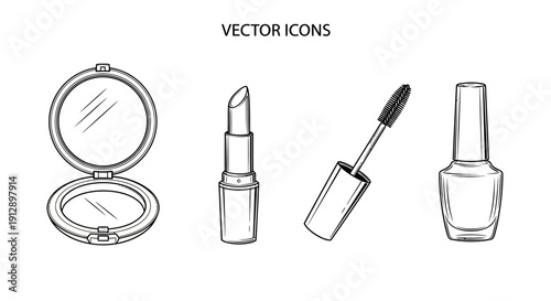 Hand-drawn vector icons of makeup essentials: compact mirror, lipstick, mascara, nail polish.