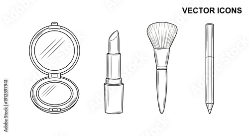Hand-drawn vector icons of makeup essentials: compact mirror, lipstick, brush, eyeliner pencil.