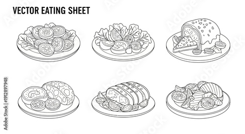Hand-drawn vector illustrations of various delicious dishes and food items on plates