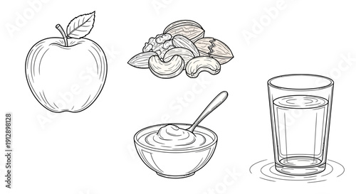 Healthy Breakfast: Apple, Yogurt, Nuts, and Water - Balanced Nutrition