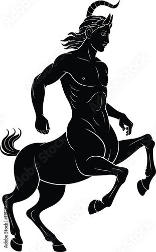Centaur silhouette illustration, mythical Greek creature with muscular human torso and horse body, fantasy zodiac Sagittarius symbol concept
