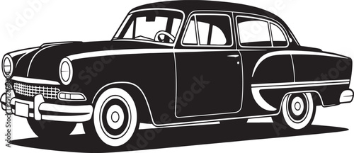 Black and white of a vintage sedan with chrome accents and whitewall tires vintage car
