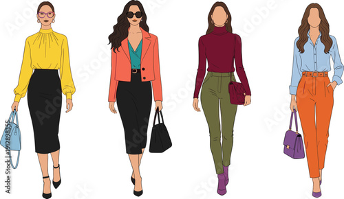 Cartoon business women, stylish outfits, professional fashion, elegant office attire, fashionable ladies illustration, modern workwear clipart, career women design, corporate style art