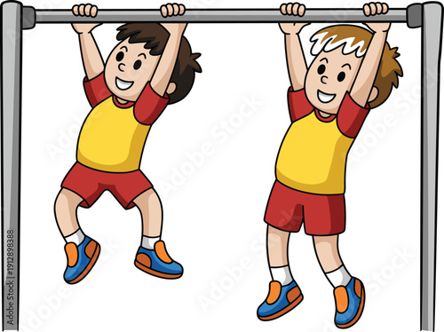 Cartoon children hanging from bar, playground exercise, kids sports activity, outdoor fitness, physical education, gym class, active lifestyle, fun playtime illustration