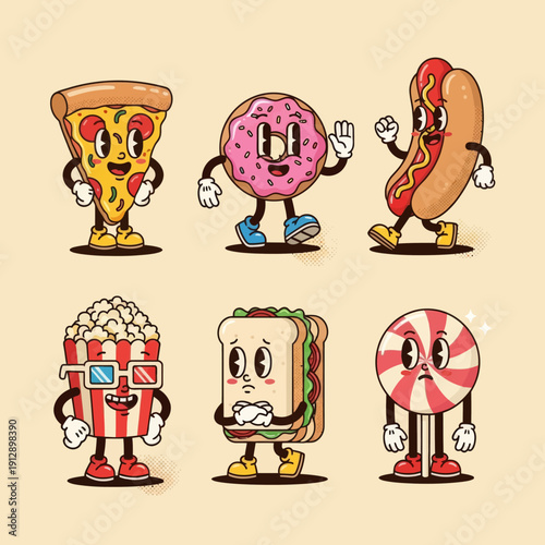 Retro Vintage Rubber Hose Style Fast Food Character Set. Funny Cartoon Pizza, Donut, Hot Dog, Popcorn, Sandwich, and Lollipop Mascots with Classic 1930s Animation Aesthetic. Vector Sticker Pack.