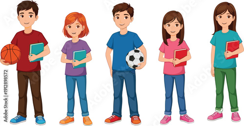 Cartoon children holding books and sports balls – vector illustration of happy school kids with educational and athletic elements.