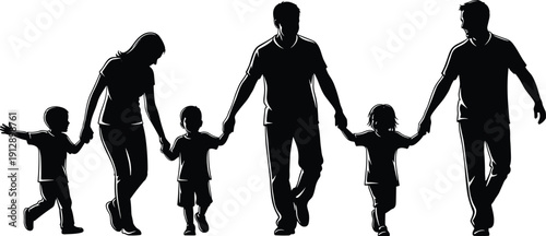 (23 Words) Creative black silhouette of large happy family group walking forward holding hands including parents and children isolated on white background vector illustration.