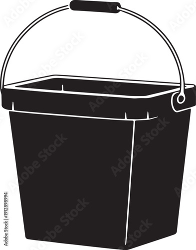 Black silhouette of a square shaped bucket with a metal handle white