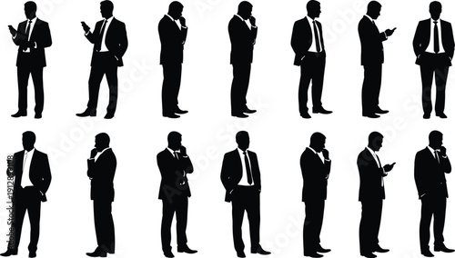 (23 Words) Set of black silhouettes of businessmen in suits standing using phone and thinking isolated on white background vector illustration collection for business design.