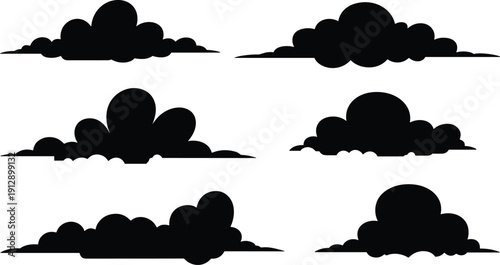 Cartoon cloud silhouette set, black fluffy cloud icons, storm and weather vector elements for sky illustrations and designs.
