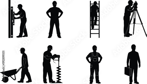 (24 Words) Set of black silhouettes of construction workers and engineers using tools level ladder wheelbarrow and surveying equipment isolated on white background vector illustration collection.
