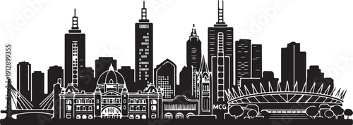 Melbourne  skyline vector illustration featuring famous urban landmarks
