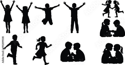 (24 Words) Set of black silhouettes of happy children jumping playing and sitting together boys and girls isolated on white background vector illustration collection for design.