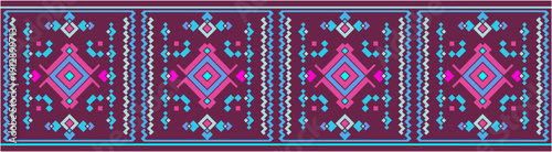 A vibrant geometric pattern featuring intricate designs and bold colors on a textile