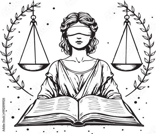 Black and white illustration of Lady Justice blindfolded with scales, open book, and laurel branches isolated on white background