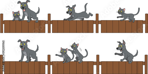 Cartoon dog and cat on wooden fence, playful animal interaction sequence, humorous pet illustration, cad drawing flat vector design