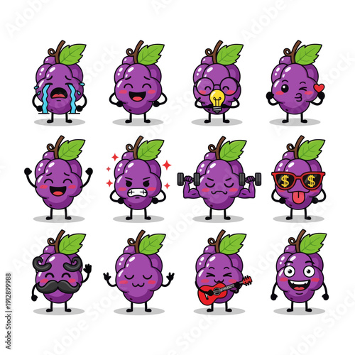 Cute Kawaii Grape Character Emoji Set. Funny Purple Fruit Mascot with Various Emotions and Expressions like Happy, Angry, and Playing Guitar. Vector Sticker Pack for Kids and Social Media.