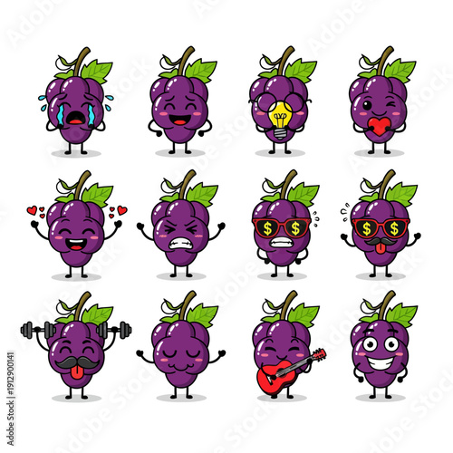 Cute Kawaii Grape Character Emoji Set. Funny Purple Fruit Mascot with Various Emotions and Expressions like Happy, Angry, and Playing Guitar. Vector Sticker Pack for Kids and Social Media.