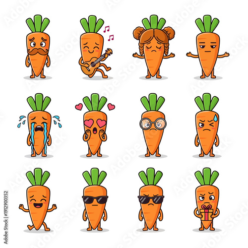 Kawaii Carrot Character Emoji Set. Cute Vegetable Mascot with Different Faces and Expressions like Crying, Happy, and Playing Guitar. Hand Drawn Vector Sticker Pack for Kids and Nutrition Design.