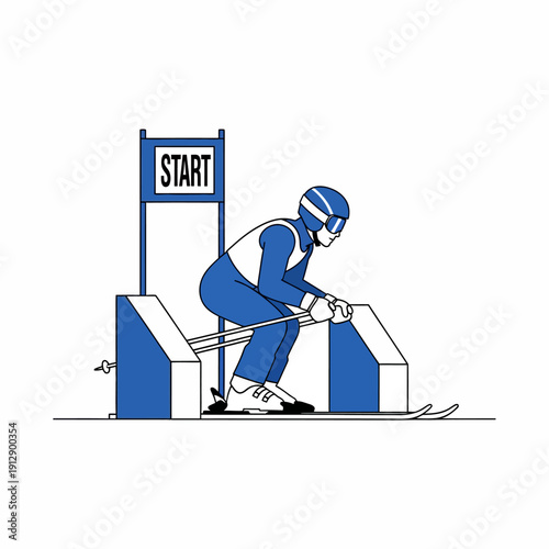 Skiing athlete at the starting line of a downhill race.