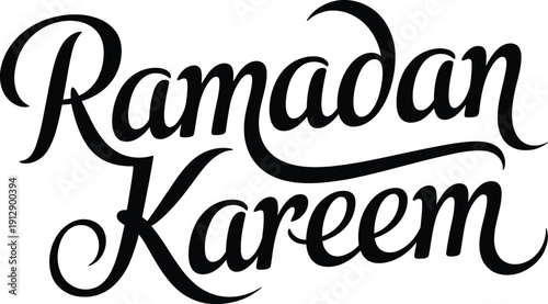 A minimalist black and white vector illustration of the phrase 'Ramadan Kareem' in elegant, flowing calligraphy, perfect for Islamic holiday greetings