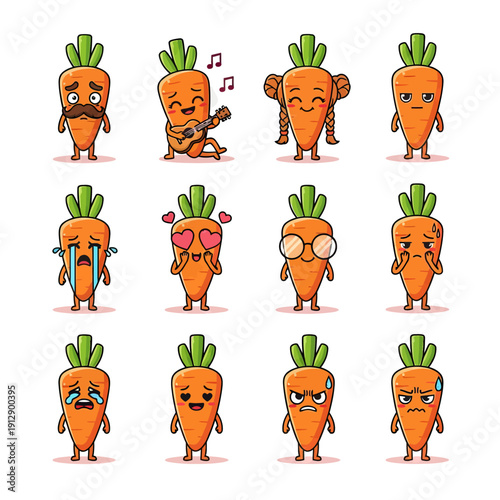 Kawaii Carrot Character Emoji Set. Cute Vegetable Mascot with Different Faces and Expressions like Crying, Happy, and Playing Guitar. Hand Drawn Vector Sticker Pack for Kids and Nutrition Design.