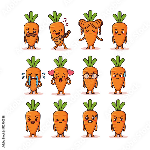 Kawaii Carrot Character Emoji Set. Cute Vegetable Mascot with Different Faces and Expressions like Crying, Happy, and Playing Guitar. Hand Drawn Vector Sticker Pack for Kids and Nutrition Design.