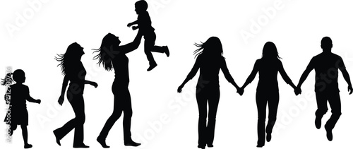 Optimized Title: Black silhouette collection of happy family members and children in active poses including mother lifting baby, daughter running, and parents holding hands vector illustration