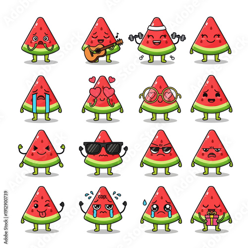 Cute Kawaii Watermelon Slice Character Emoji Set. Funny Fruit Mascot with Various Emotions and Expressions. Vector Sticker Pack for Summer Design, Kids, and Social Media Graphics.