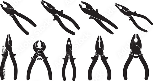 Collection of various pliers and pincers on white background